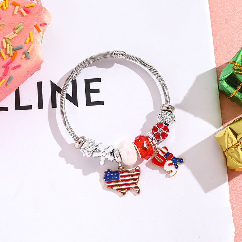 Wholesale American Flag Love Balloon Pendant Stainless Steel Beaded Bracelet